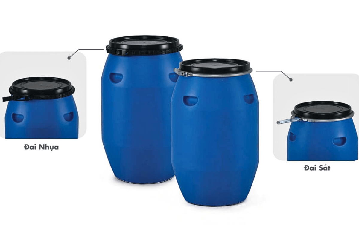 Thùng Phuy Nhựa 120L có nắp đai nhựa và đai sắt Thùng Phuy Nhựa 120L có nắp đai nhựa và đai sắt